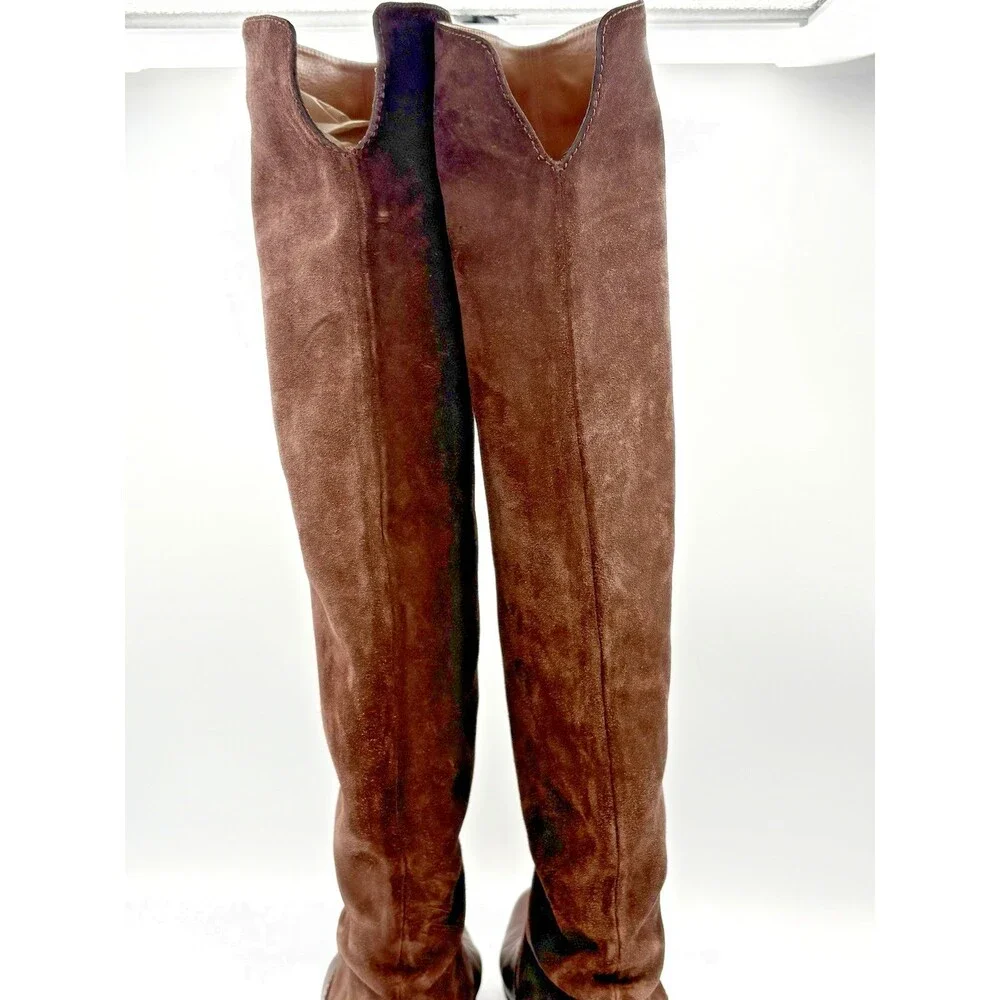Gucci Brown Suede Knee High Riding Boots w/ Bamboo Accent Heel Size EU 36.5
